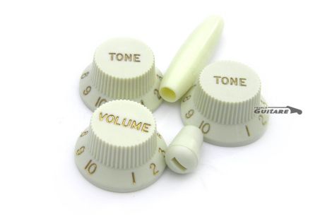 Potentiometer knobs Allparts Stratocaster Mint Green Gold lettering