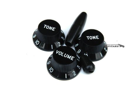 allparts Standard black knob set for Stratocaster potentiometer white lettering